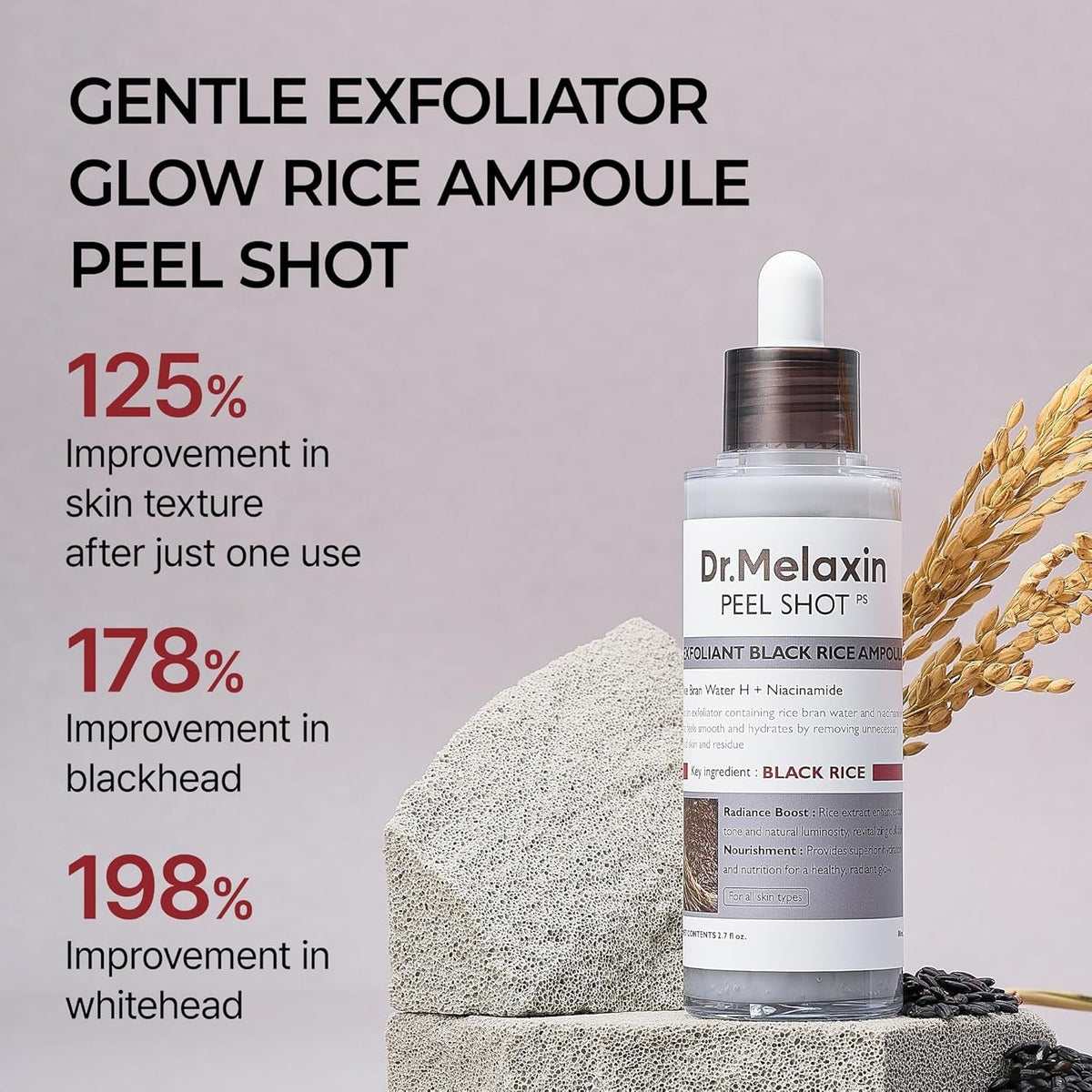 Dr.Melaxin Peel Shot Glow Rice Ampoule Duo (White + Black) & Kojic Acid Spray Set – Exfoliating & Brightening Skincare Kit for Smooth Texture, Dark Spot Care & Radiant Skin