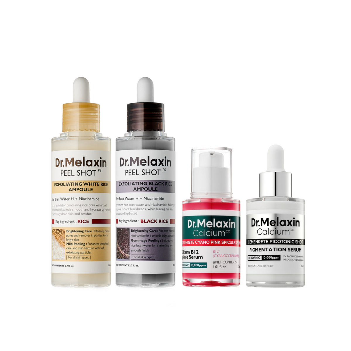 Dr.Melaxin 4-Piece Skincare Set – Peel Shot Rice Ampoule Duo (White + Black) & Lumi Firm Lift Care Duo, Exfoliating, Brightening & Firming Kit for Smooth, Lifted & Radiant Skin