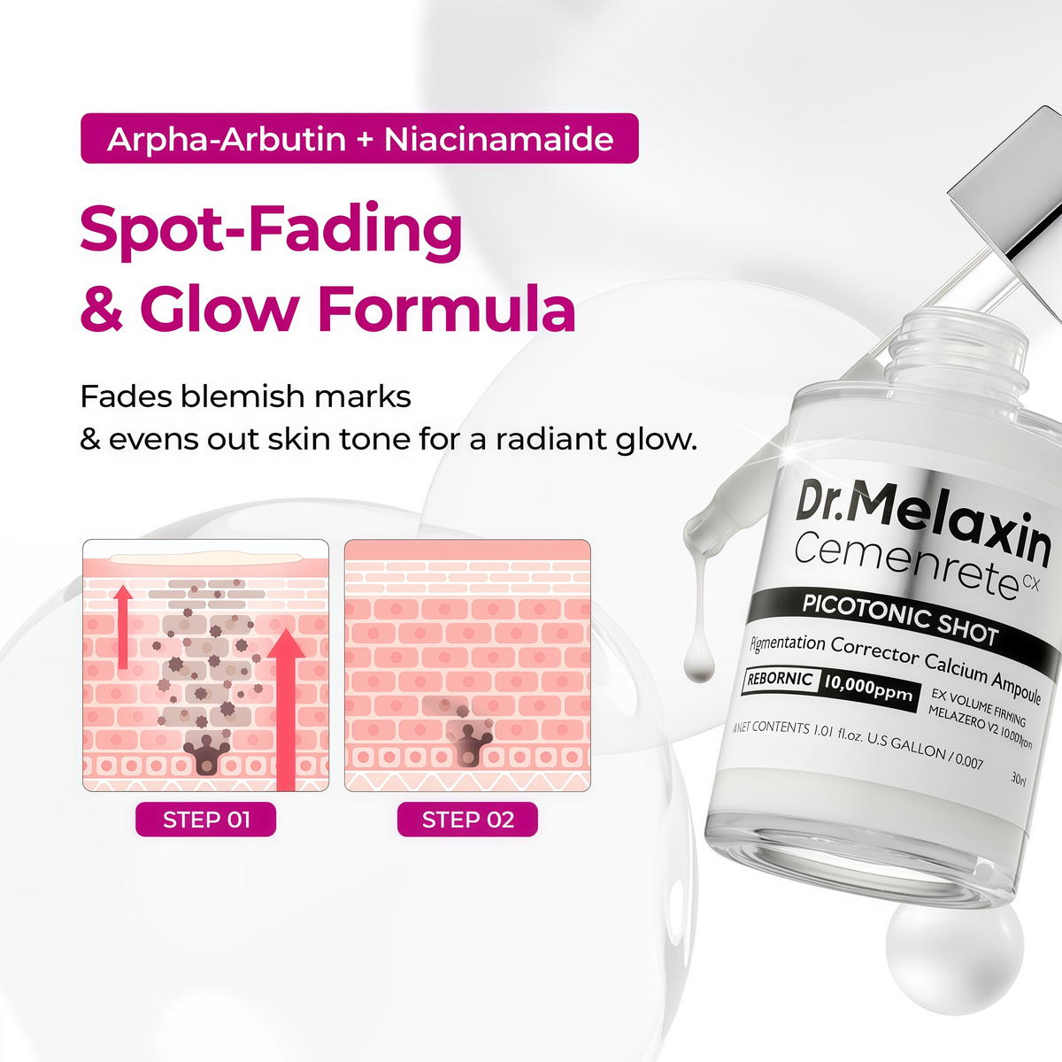 Dr. Melaxin Cemenrete Serum Duo Set 2-Pack Bundle (Cyano Pink Spicule Serum w/ Calcium + Picotonic Shot Calcium Serum) Firming, Pore Tightening, Collagen & Dark Spot Care, 1.01 fl oz Each