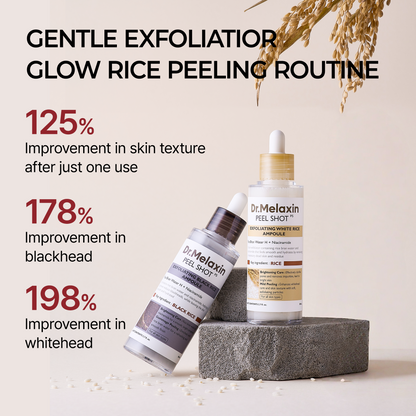 Dr. Melaxin Peel Shot Glow Rice Peeling Ampoule 80ml 2-Pack Bundle (Black Rice & White Rice) Daily Soft Exfoliating Face and Body Scrub Dead Skin Cells Blackhead Remover for All Skin Types