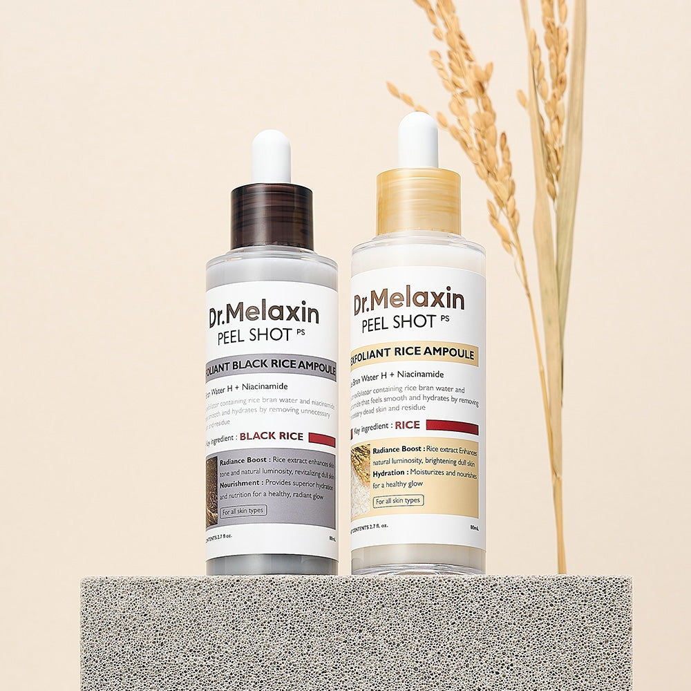 Dr. Melaxin Peel Shot Glow Rice Peeling Ampoule 80ml 2-Pack Bundle (Black Rice & White Rice) Daily Soft Exfoliating Face and Body Scrub Dead Skin Cells Blackhead Remover for All Skin Types